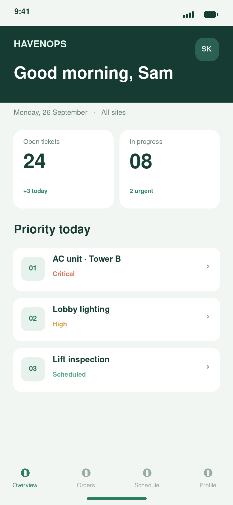 HavenOps Overview app screen